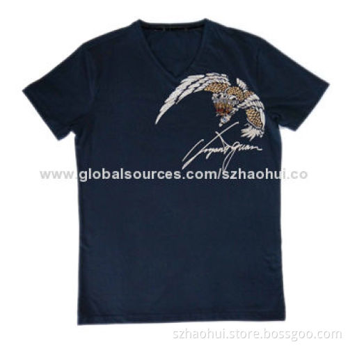 Men's Fashion Full Printed T-shirt with Front Hot-drilling Decoration, Made of Mercerized Cotton